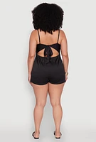 Womens Plus Size Textured Knit Tie Back Plunge Neck Romper, Black, Size 2X