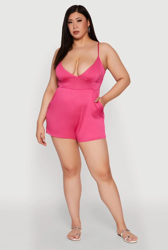 Womens Plus Textured Knit Tie Back Plunge Neck Romper, 3X