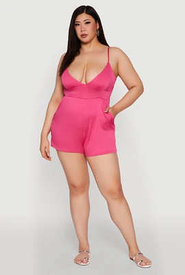 Womens Plus Textured Knit Tie Back Plunge Neck Romper, 3X