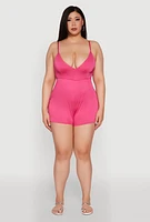 Womens Plus Textured Knit Tie Back Plunge Neck Romper, 3X