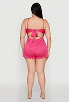 Womens Plus Textured Knit Tie Back Plunge Neck Romper, 3X