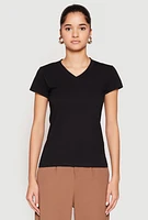 Womens V Neck Short Sleeve Tee, Black, Size XL