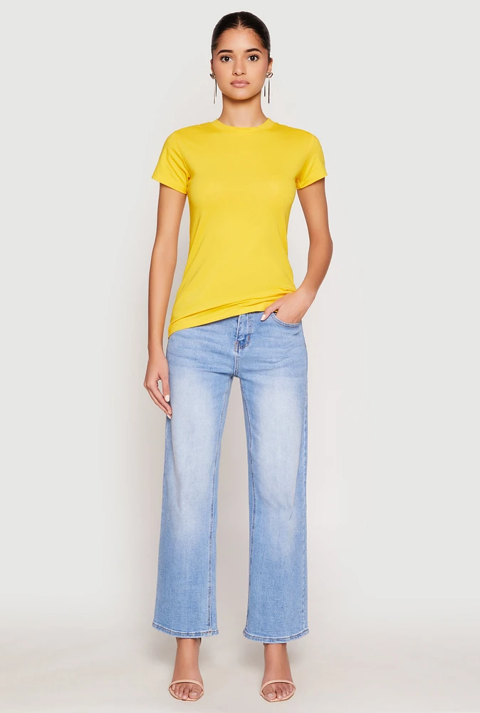 Womens High Neck Short Sleeve Tee, Yellow, Size S