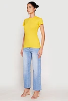 Womens High Neck Short Sleeve Tee, Yellow, Size S
