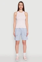 Womens Seamless Rib Knit Crew Neck Tank Top, Pink, Size M