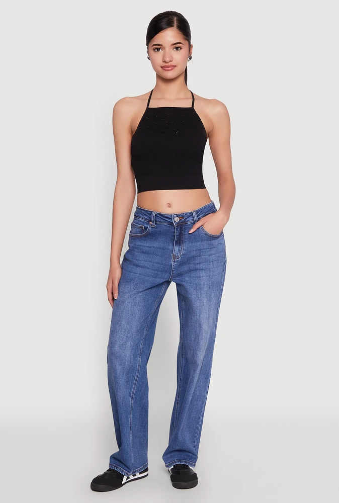 Womens Seamless Laser Cut Cropped Halter Top, Black, Size S