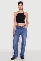 Womens Seamless Laser Cut Cropped Halter Top, Black, Size S