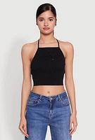 Womens Seamless Laser Cut Cropped Halter Top, Black, Size S
