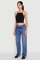 Womens Seamless Laser Cut Cropped Halter Top, Black, Size S