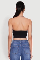 Womens Seamless Laser Cut Cropped Halter Top, Black, Size S