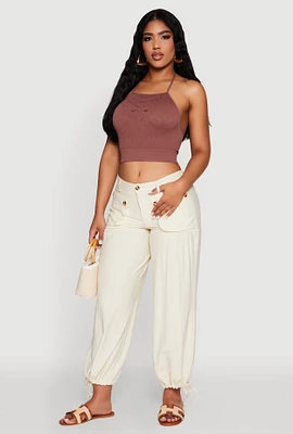 Womens Seamless Laser Cut Cropped Halter Top, Brown,