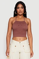 Womens Seamless Laser Cut Cropped Halter Top, Brown,