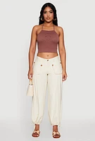 Womens Seamless Laser Cut Cropped Halter Top, Brown,
