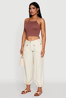 Womens Seamless Laser Cut Cropped Halter Top, Brown,