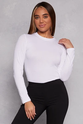 Womens Basic High Neck Long Sleeve Tee, White, Size L