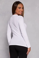 Womens Basic High Neck Long Sleeve Tee, White, Size L