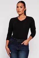 Womens Long Sleeve V Neck Basic Tee,