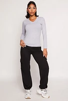 Womens Long Sleeve V Neck Basic Tee, Grey, Size XL