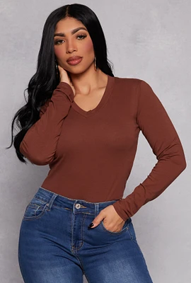 Womens Long Sleeve V Neck Basic Tee,