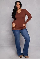 Womens Long Sleeve V Neck Basic Tee,