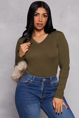 Womens Long Sleeve V Neck Basic Tee,