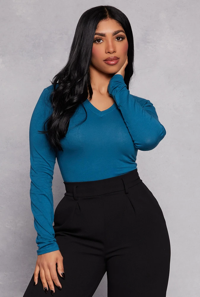 Womens Long Sleeve V Neck Basic Tee, S
