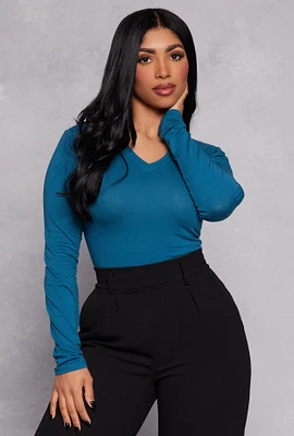 Womens Long Sleeve V Neck Basic Tee, S
