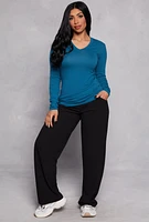Womens Long Sleeve V Neck Basic Tee, S