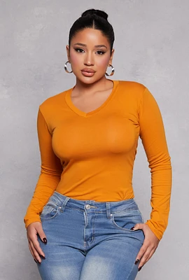Womens Long Sleeve V Neck Basic Tee, Yellow, Size S