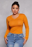 Womens Long Sleeve V Neck Basic Tee, Yellow, Size S