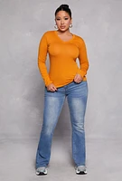 Womens Long Sleeve V Neck Basic Tee, Yellow, Size S