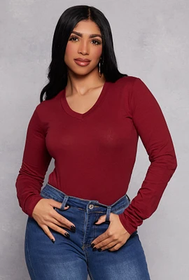 Womens Long Sleeve V Neck Basic Tee, Burgundy, Size L