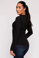 Womens V Neck Long Sleeve Tee, Black, Size M