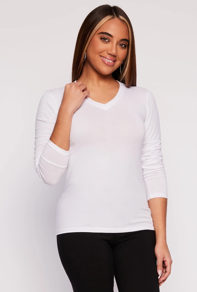 Womens V Neck Long Sleeve Tee, White, Size L