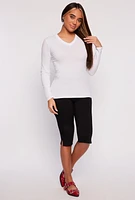 Womens V Neck Long Sleeve Tee, White, Size XL