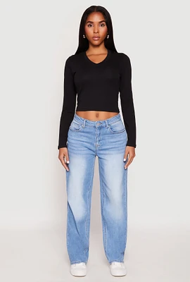 Womens V Neck Long Sleeve Crop Top, Black, Size XL