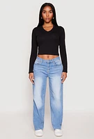 Womens V Neck Long Sleeve Crop Top, Black, Size XL