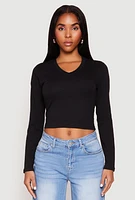 Womens V Neck Long Sleeve Crop Top, Black, Size XL