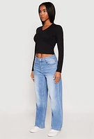 Womens V Neck Long Sleeve Crop Top, Black, Size XL