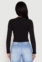 Womens V Neck Long Sleeve Crop Top, Black, Size XL