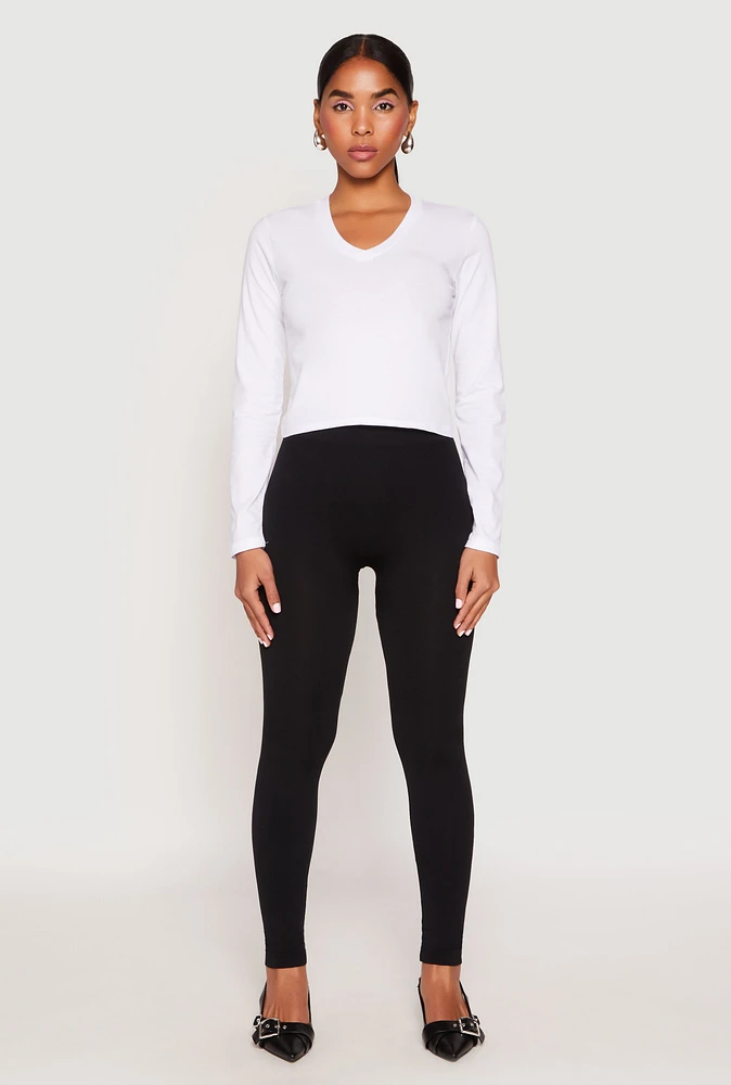 Womens V Neck Long Sleeve Crop Top, White,