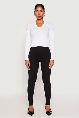 Womens V Neck Long Sleeve Crop Top, White,