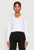 Womens V Neck Long Sleeve Crop Top, White,
