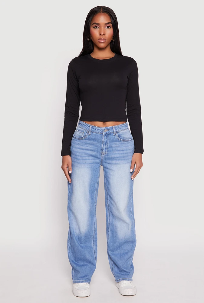 Womens Long Sleeve Crew Neck Crop Top, Black, Size L