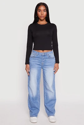 Womens Long Sleeve Crew Neck Crop Top, Black, Size L