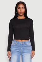 Womens Long Sleeve Crew Neck Crop Top, Black, Size L