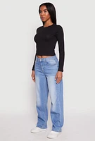 Womens Long Sleeve Crew Neck Crop Top, Black, Size L
