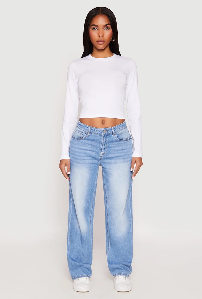 Womens Long Sleeve Crew Neck Crop Top, White, Size S