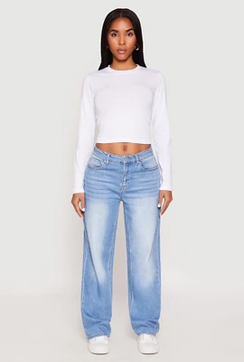 Womens Long Sleeve Crew Neck Crop Top, White, Size S