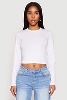 Womens Long Sleeve Crew Neck Crop Top, White, Size XL